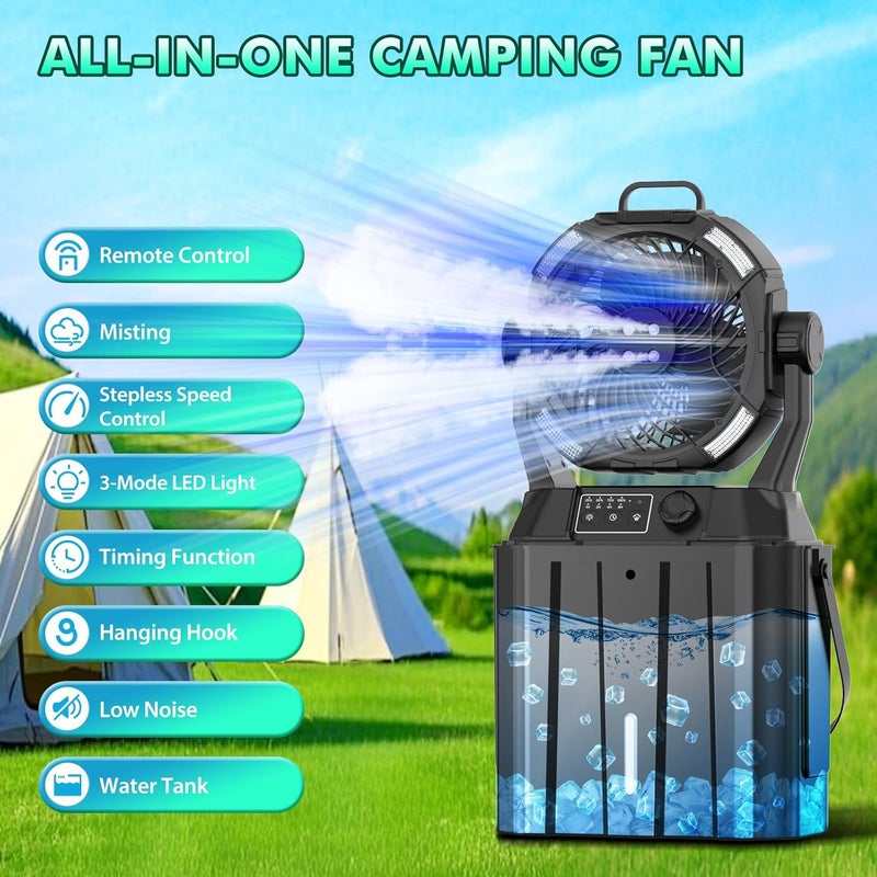 Wilody Misting Fan Portable Camping Fan 42800mAh Rechargeable with Remote Control, 3 LED Light & Stepless Speed Control & Cooling Spray with 6L Bucket, Timer Function, Portable Handle, Rotating Hanging Hook - Image 2